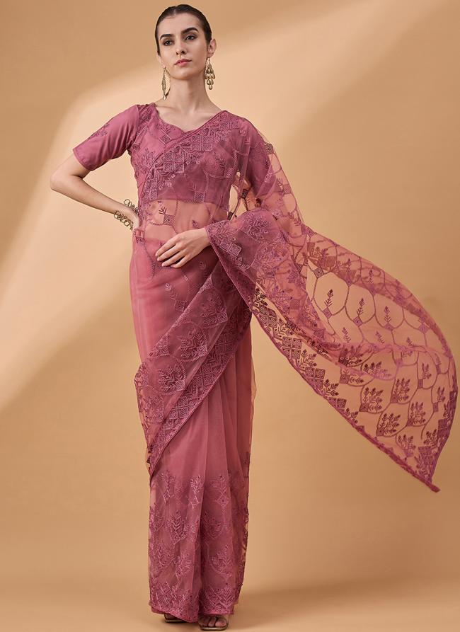 Net Peach Party Wear Floral Saree